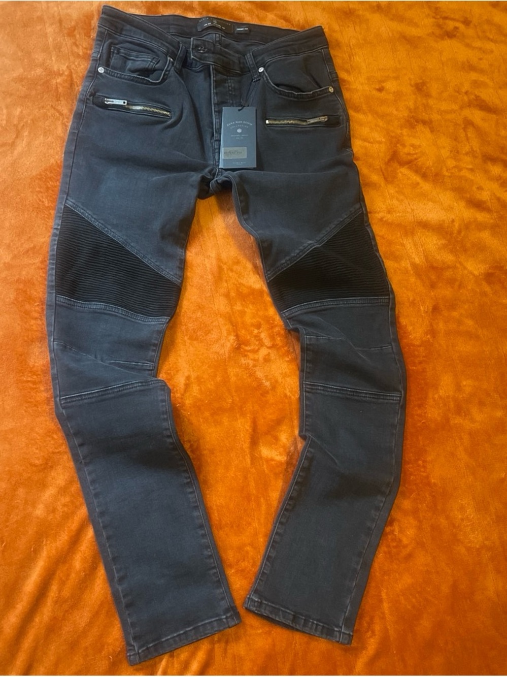 Zara Slim Black Moto Jeans with Ribbed Knee Panels